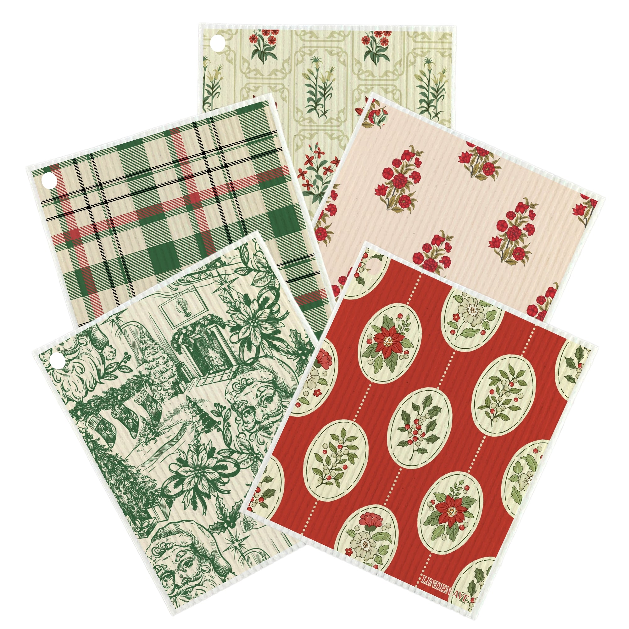 Christmas Collection - 5 Swedish Dishcloths + Ceramic Hook