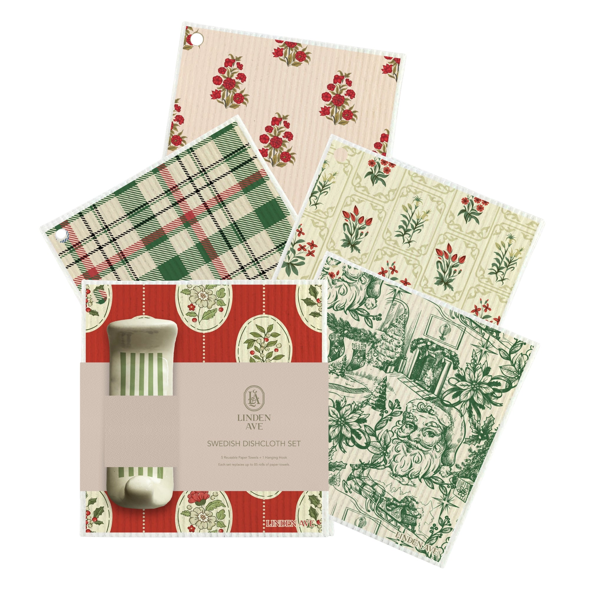 Christmas Collection - 5 Swedish Dishcloths + Ceramic Hook
