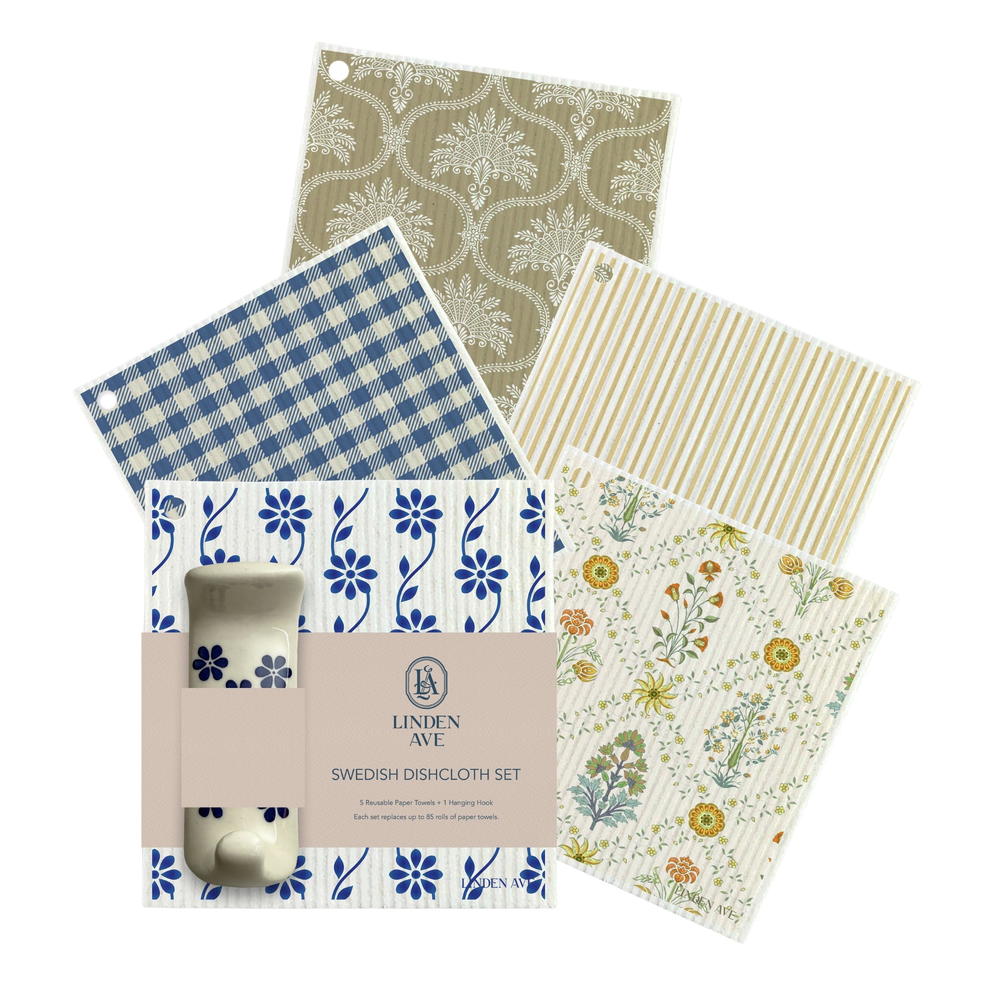 Marigold Manor – 5 Swedish Dishcloths + Ceramic Hook