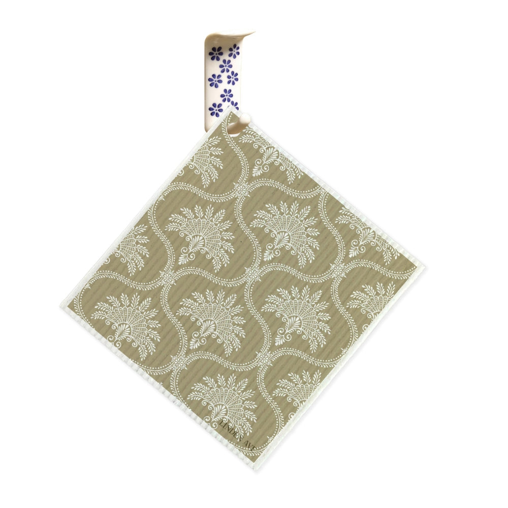 Beige vintage damask Linden Ave dishcloth hanging on floral ceramic hook from Marigold Manor collection