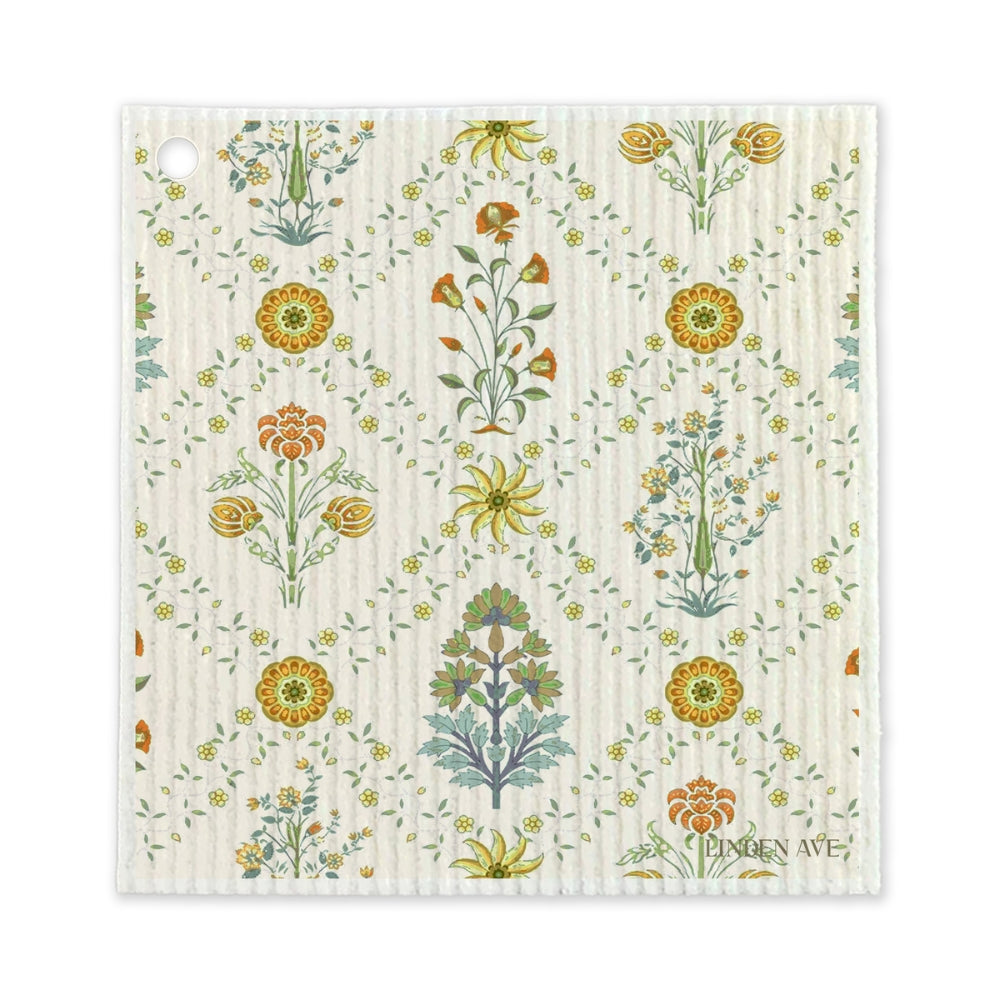 Yellow floral vintage-inspired reusable dishcloth from the Linden Ave Marigold Manor collection