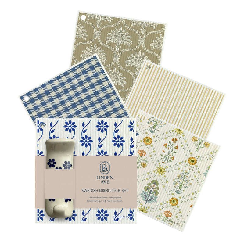 Marigold Manor – 5 Swedish Dishcloths + Ceramic Hook