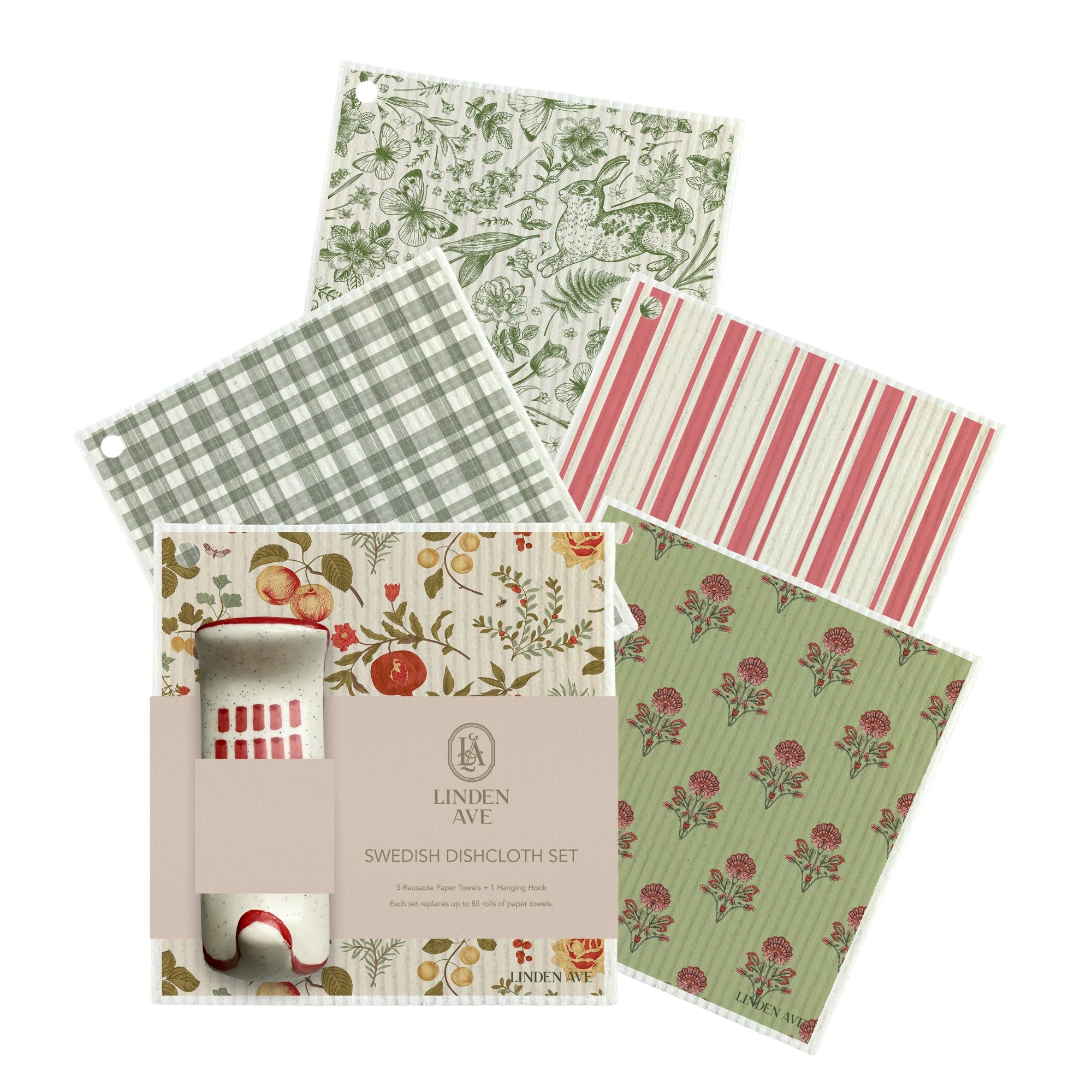 Evergreen Estate – 5 Swedish Dishcloths + Ceramic Hook