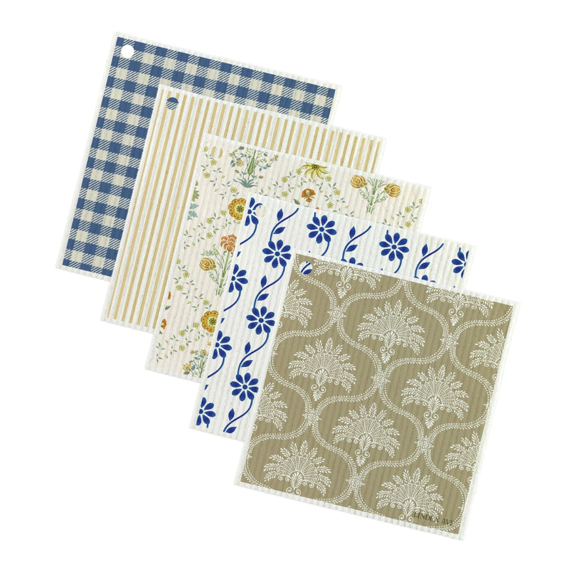Side view of all five Linden Ave Marigold Manor reusable dishcloths in staggered layout