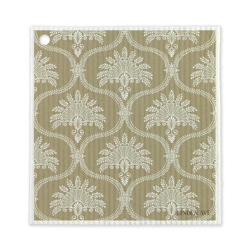 Single reusable beige floral damask Swedish dishcloth from Linden Ave Marigold Manor set