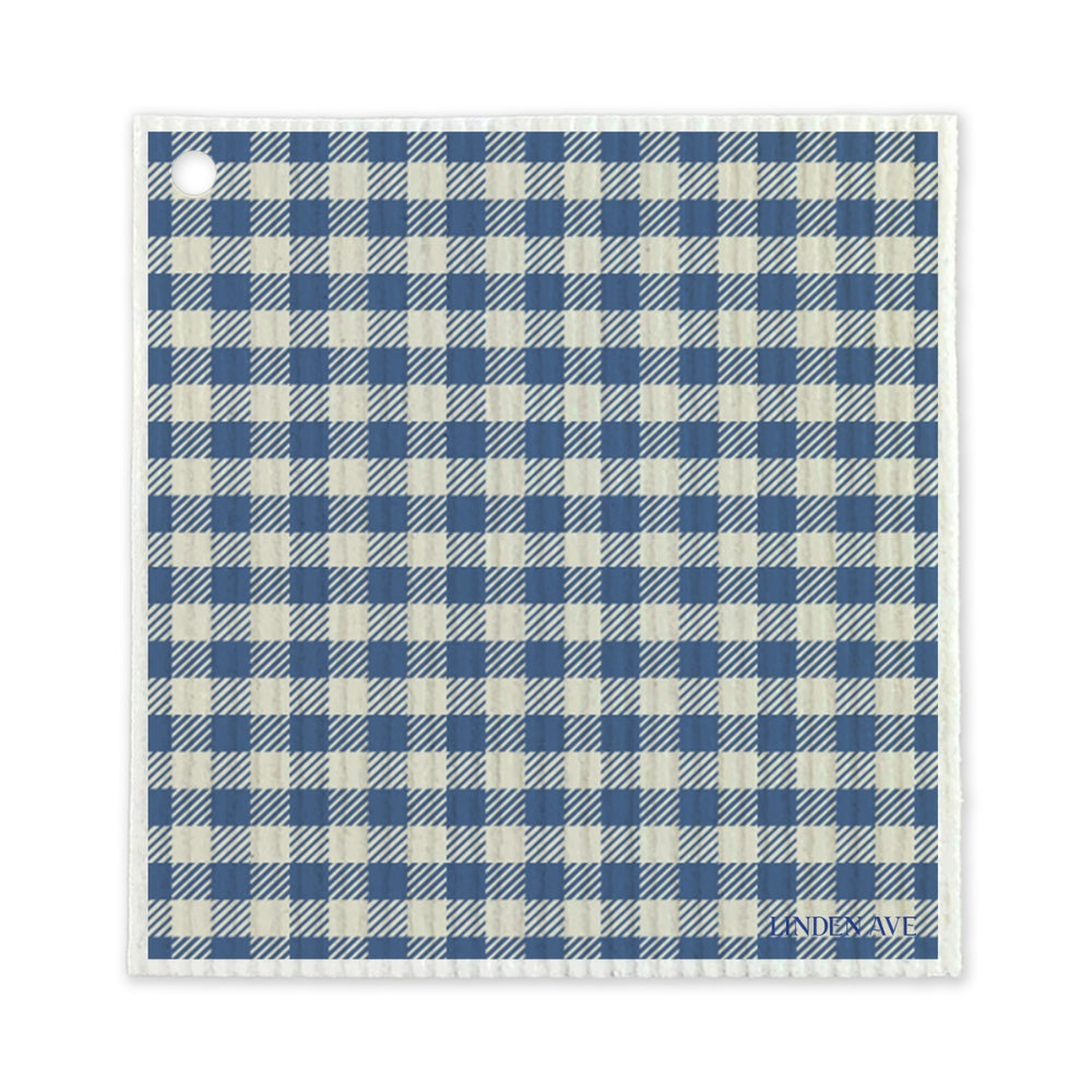 Blue gingham check reusable Swedish dishcloth from Linden Ave Marigold Manor set
