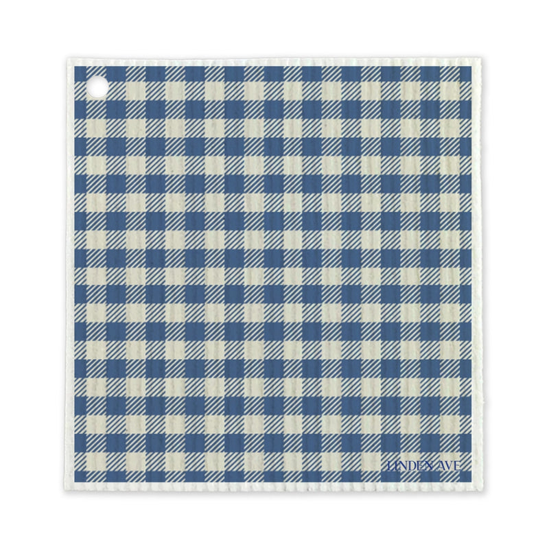 Blue gingham check reusable Swedish dishcloth from Linden Ave Marigold Manor set