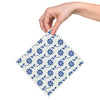 Blue floral reusable Swedish dishcloth held in hand from Linden Ave Marigold Manor set