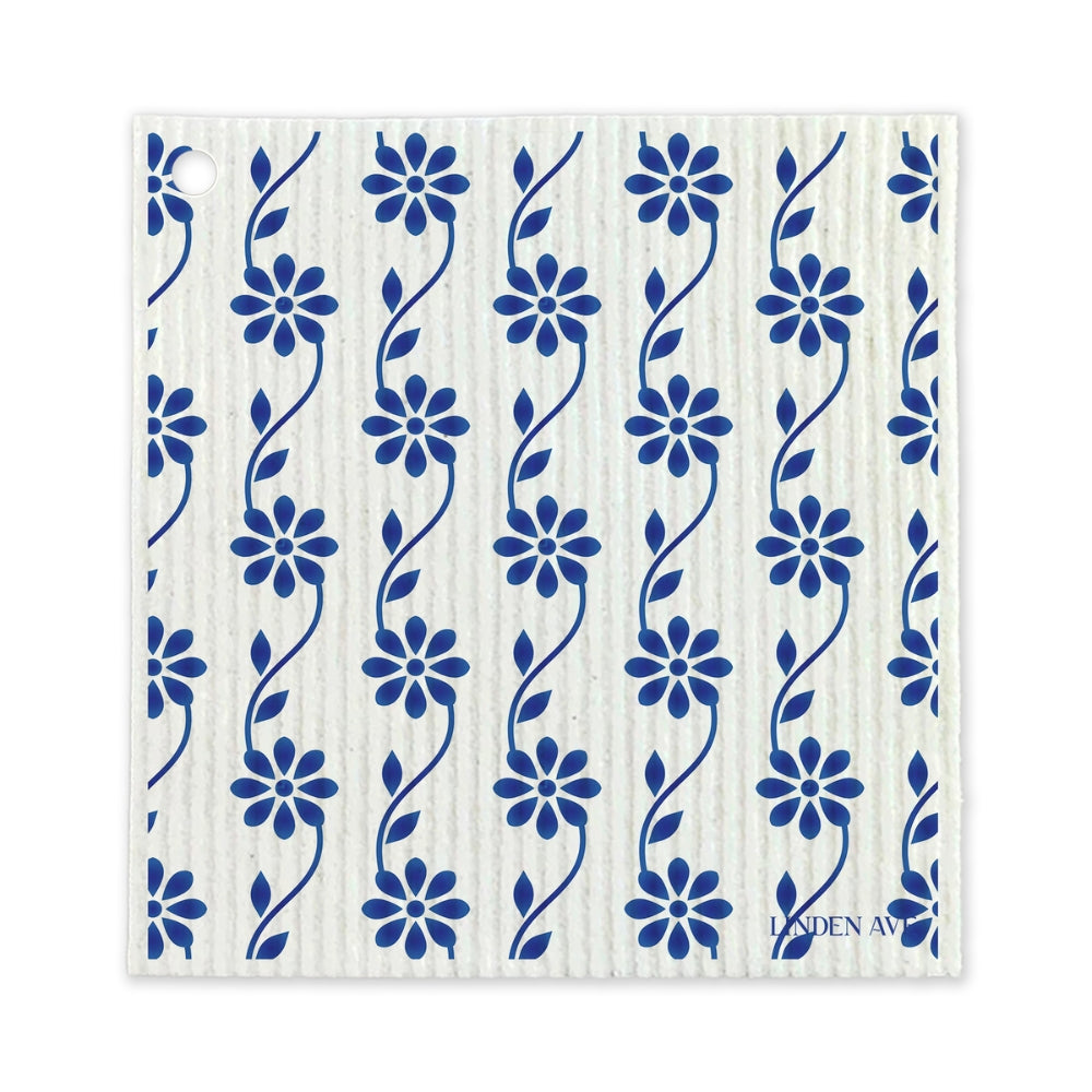 Reusable Swedish dishcloth with blue floral vertical design from Linden Ave Marigold Manor