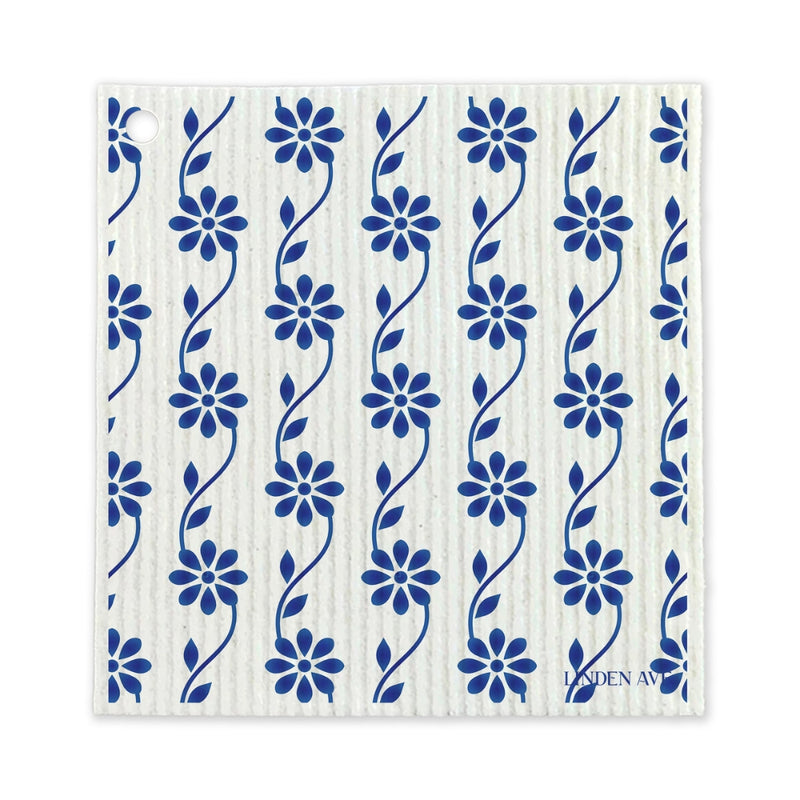 Reusable Swedish dishcloth with blue floral vertical design from Linden Ave Marigold Manor