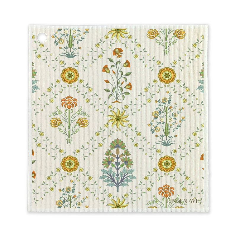 Yellow floral vintage-inspired reusable dishcloth from the Linden Ave Marigold Manor collection